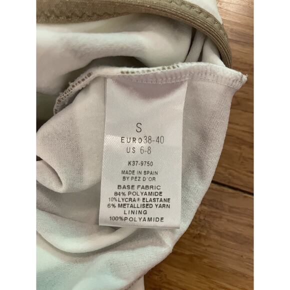 PEZ D'OR BARCELONA MATERNITY GOLD AND WHITE STRIPE BATHING SUIT, SMALL 6/8 - Picture 5 of 5